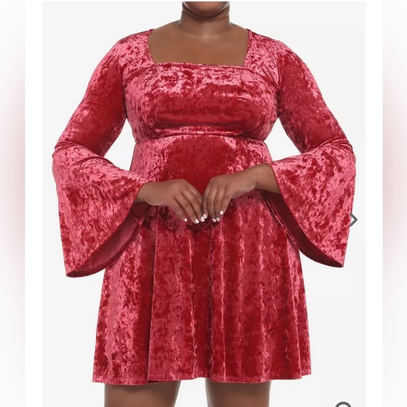 Red Crushed Velvet Bell-Sleeve Mini Dress - Picture 1 of 7